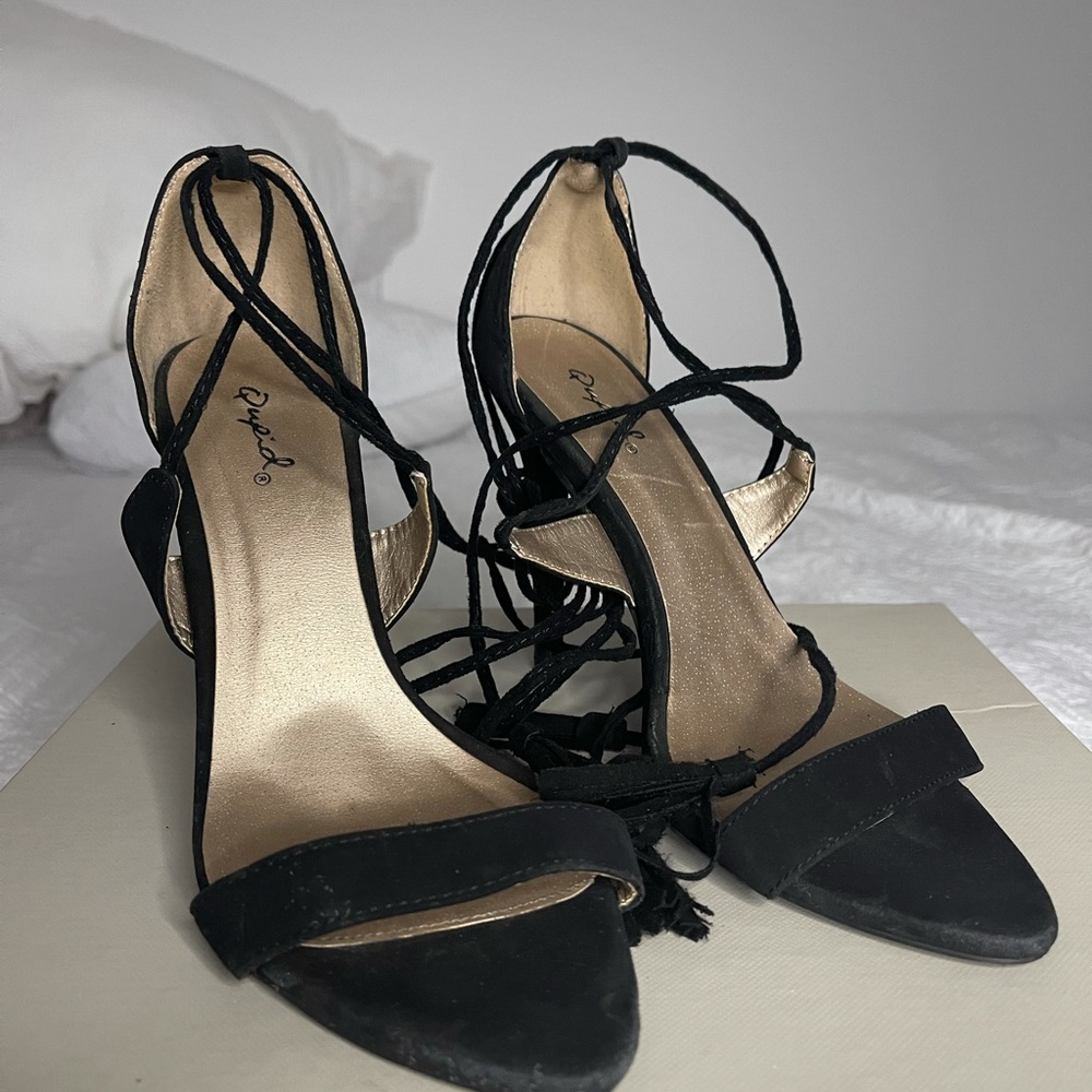 Black wrap around ankle heels